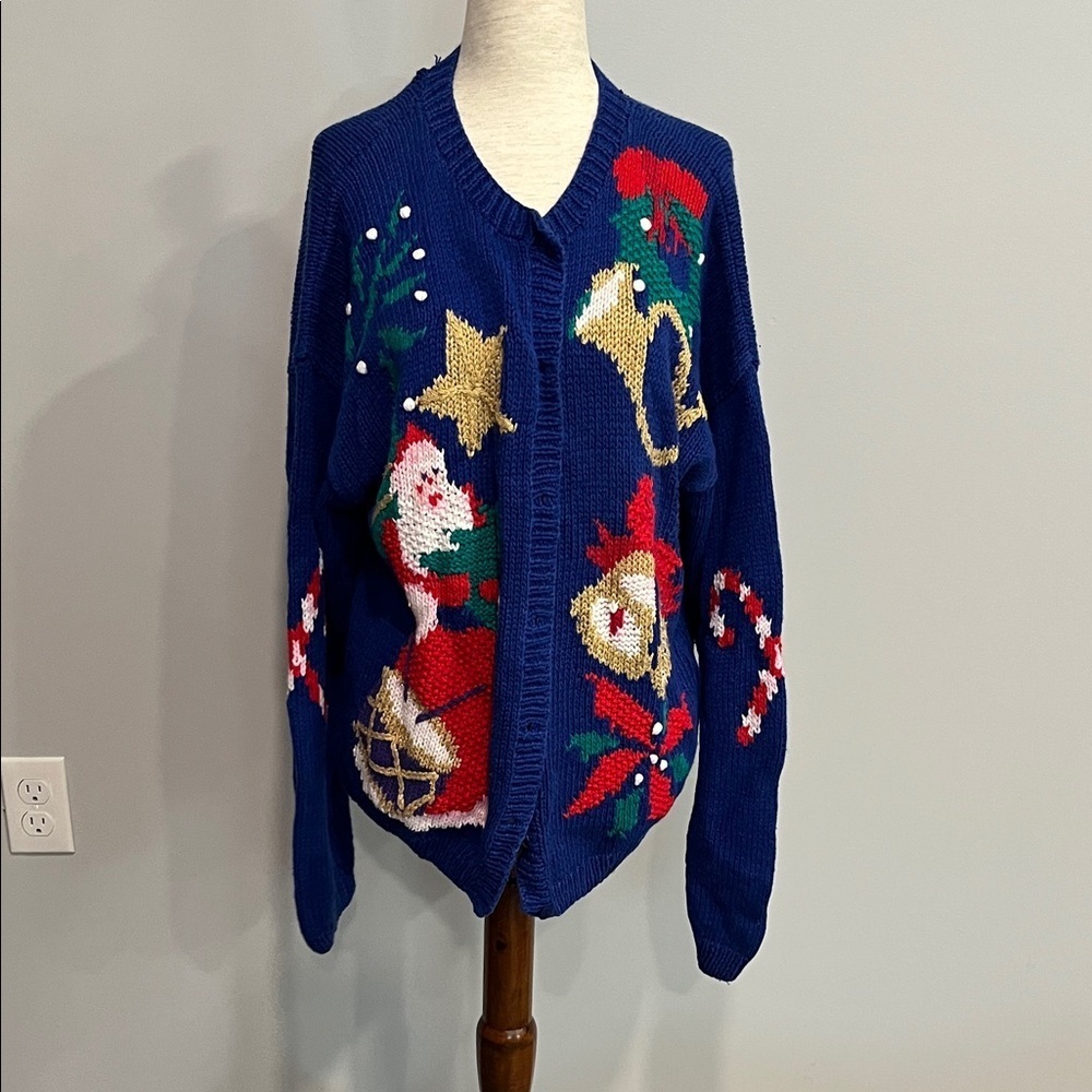 Robert Scott Vintage Knitted Festive Blue Holiday Sweater Cardigan XL